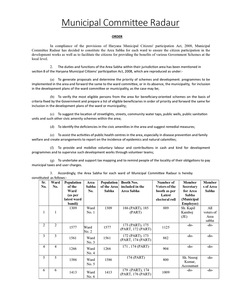 FORMATION OF AREA SABHA
