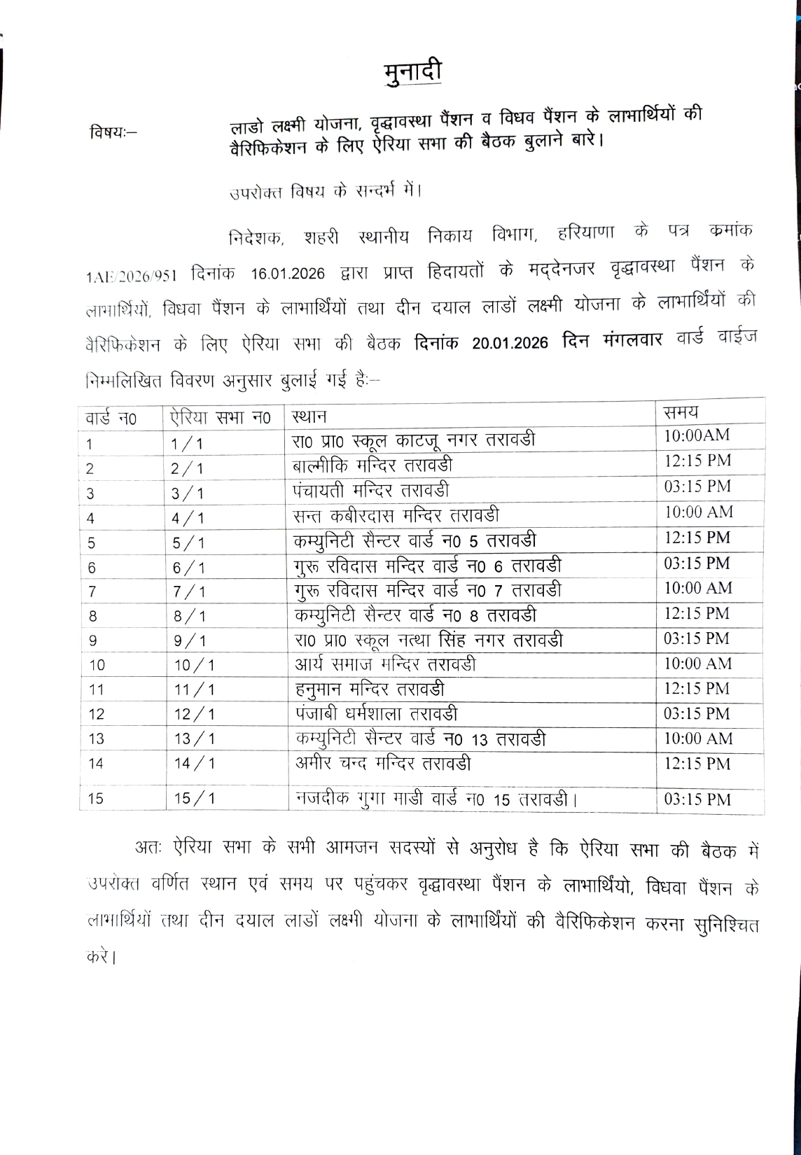 Area Sabha Munadi Detail